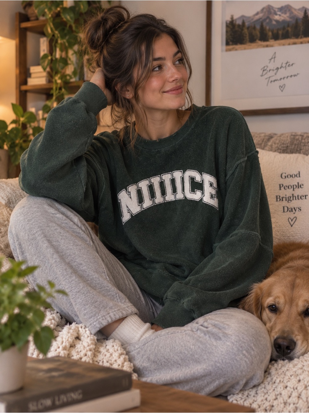 aerie Dark Green 'NIIIICE' Chill Cozy Oversized Crewneck Sweatshirt